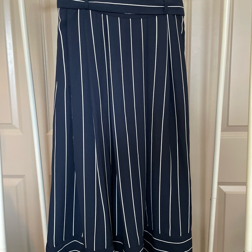 Banana Republic tea length a-line skirt, blue with white stripes